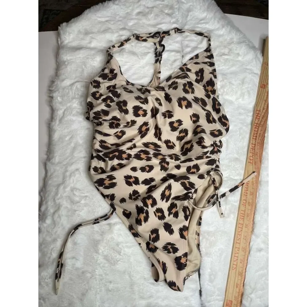 Kona Sol Leopard Print Ruched One Piece Swimsuit Side Tie Detail Size Large - Picture 3 of 8